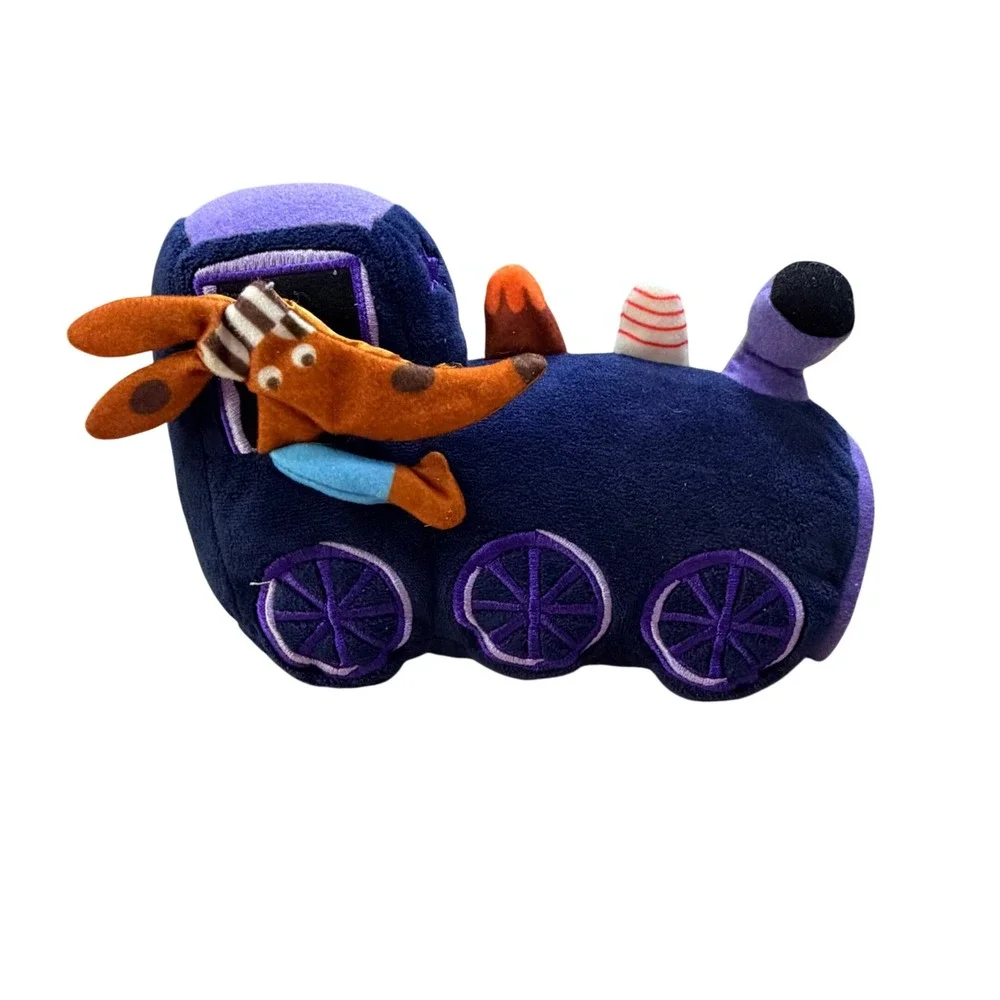 Blue Plush Train Engine Toy with Orange Dog Conductor Conductor Stuffed Animal